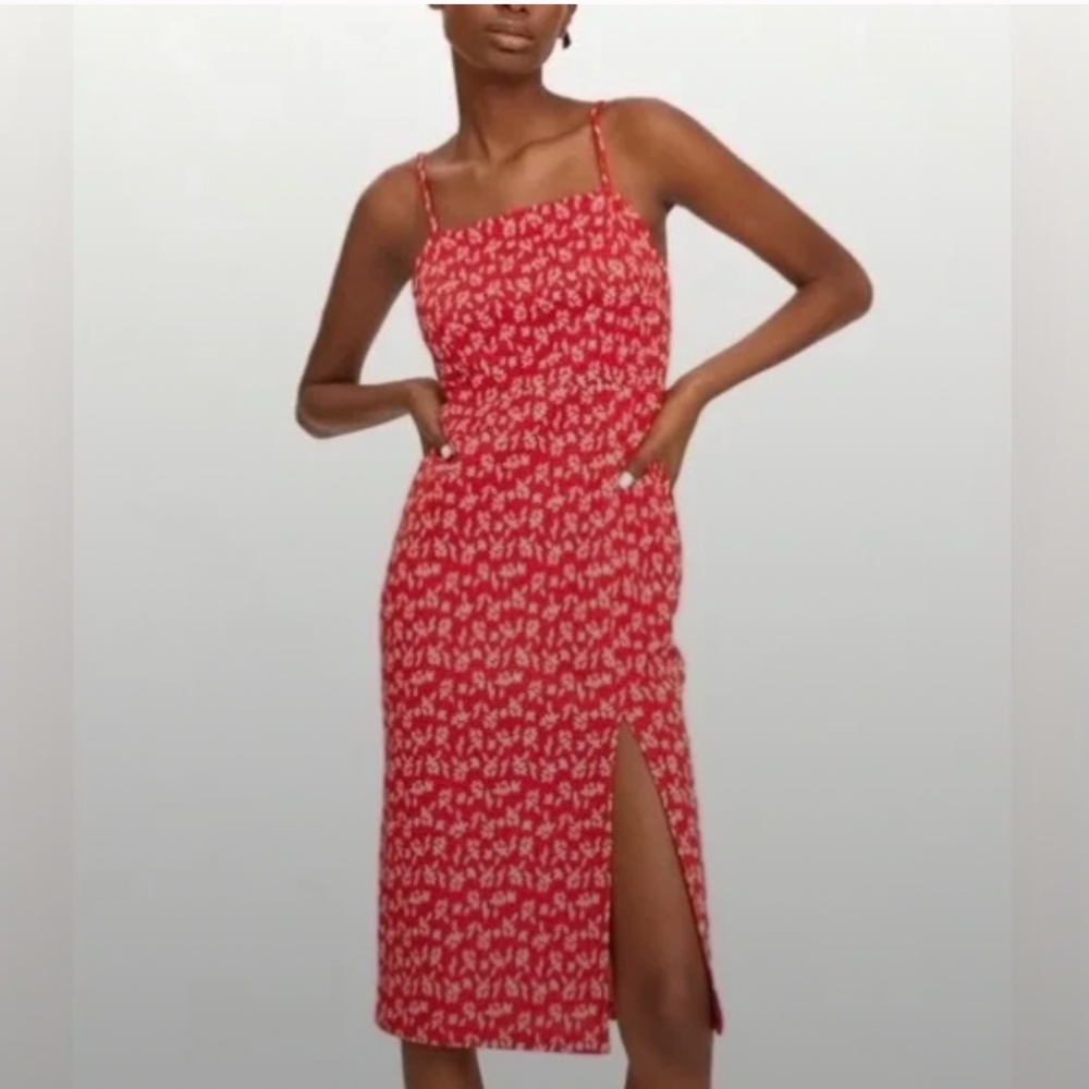 Zara Red Floral Midi Dress Sleeveless Square Neck Side‎ Slit Feminine Small
